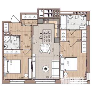 2-к квартира, строящийся дом, 70м2, 2/8 этаж