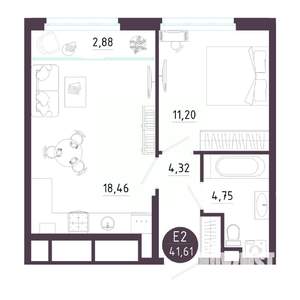 1-к квартира, вторичка, 42м2, 8/18 этаж