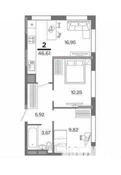 2-к квартира, вторичка, 47м2, 4/25 этаж