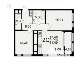 2-к квартира, вторичка, 64м2, 2/26 этаж