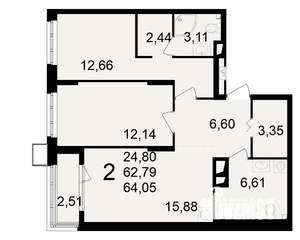 2-к квартира, вторичка, 63м2, 7/23 этаж