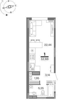 1-к квартира, вторичка, 33м2, 15/25 этаж