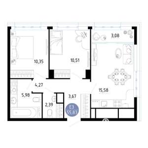 2-к квартира, вторичка, 56м2, 15/25 этаж