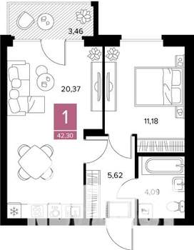 1-к квартира, вторичка, 42м2, 8/9 этаж