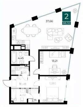 2-к квартира, вторичка, 88м2, 3/13 этаж