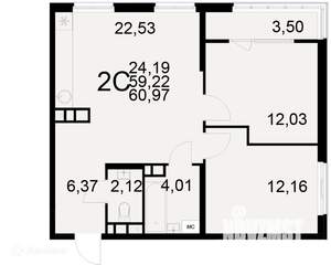 2-к квартира, вторичка, 61м2, 6/22 этаж