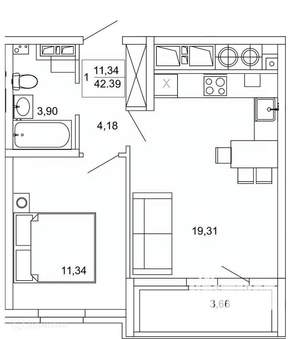 1-к квартира, вторичка, 42м2, 14/26 этаж