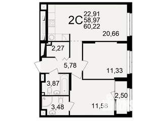 2-к квартира, вторичка, 59м2, 2/25 этаж
