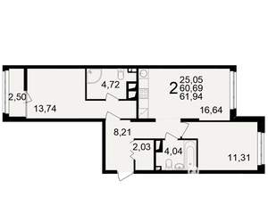 2-к квартира, вторичка, 61м2, 6/25 этаж