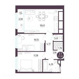 2-к квартира, вторичка, 58м2, 4/19 этаж