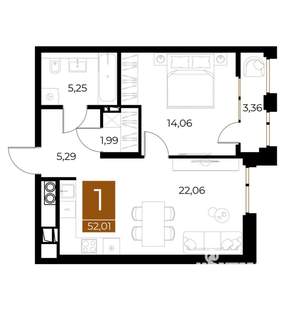1-к квартира, вторичка, 52м2, 7/9 этаж