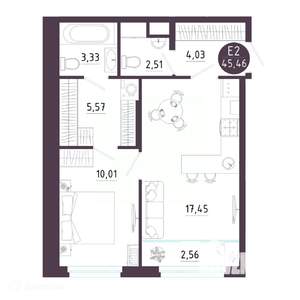 1-к квартира, вторичка, 45м2, 2/19 этаж