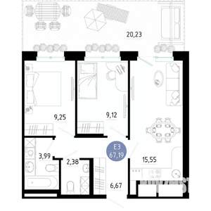 2-к квартира, вторичка, 67м2, 1/14 этаж