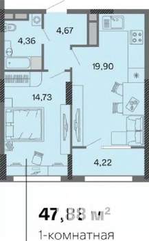 1-к квартира, вторичка, 48м2, 10/25 этаж