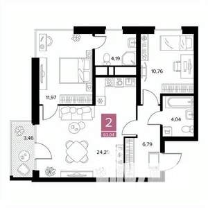 2-к квартира, строящийся дом, 63м2, 3/9 этаж