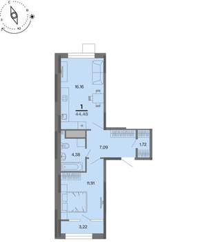 1-к квартира, вторичка, 44м2, 17/22 этаж