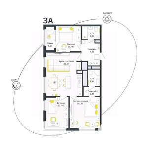 3-к квартира, строящийся дом, 85м2, 20/25 этаж