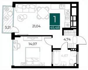 1-к квартира, вторичка, 45м2, 12/13 этаж