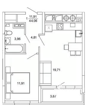 1-к квартира, вторичка, 44м2, 16/26 этаж