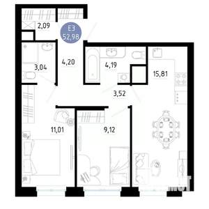 2-к квартира, вторичка, 53м2, 9/14 этаж