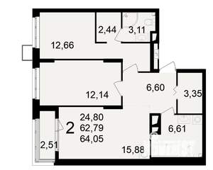 2-к квартира, вторичка, 63м2, 9/23 этаж