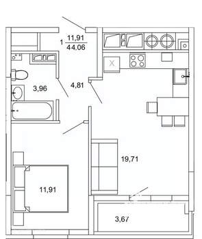 1-к квартира, вторичка, 44м2, 3/26 этаж