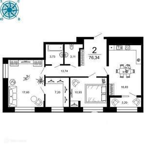 2-к квартира, вторичка, 76м2, 9/20 этаж