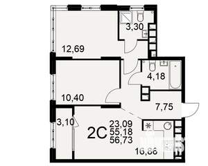 2-к квартира, вторичка, 55м2, 19/22 этаж