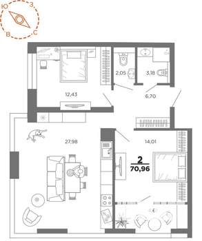2-к квартира, вторичка, 71м2, 12/22 этаж