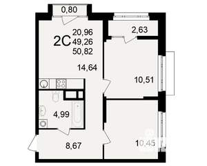 2-к квартира, вторичка, 49м2, 6/25 этаж