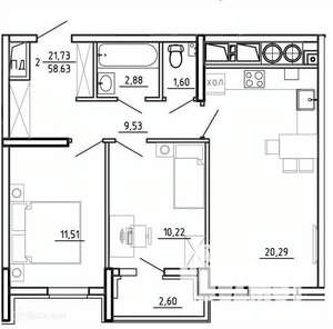 2-к квартира, вторичка, 59м2, 23/26 этаж