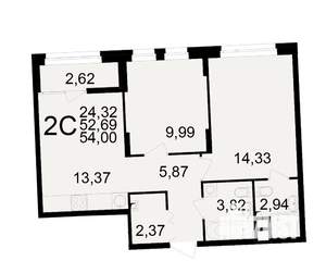 2-к квартира, вторичка, 53м2, 7/25 этаж