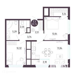 2-к квартира, вторичка, 60м2, 8/19 этаж