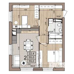 2-к квартира, строящийся дом, 55м2, 15/25 этаж