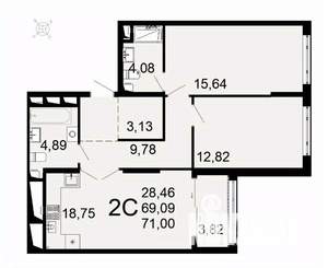 2-к квартира, вторичка, 71м2, 20/26 этаж
