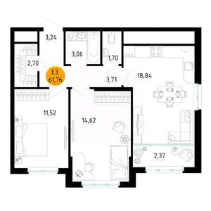 2-к квартира, вторичка, 62м2, 22/25 этаж