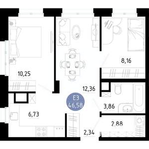 2-к квартира, вторичка, 47м2, 2/14 этаж