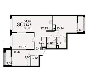 3-к квартира, вторичка, 78м2, 7/25 этаж