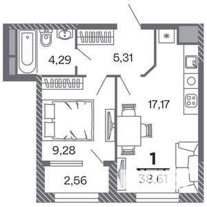 1-к квартира, строящийся дом, 39м2, 2/25 этаж