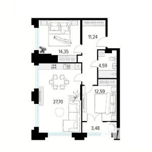 2-к квартира, вторичка, 72м2, 10/19 этаж