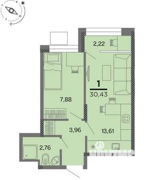 1-к квартира, вторичка, 30м2, 2/22 этаж