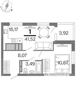 1-к квартира, строящийся дом, 42м2, 13/15 этаж