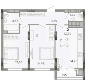 2-к квартира, вторичка, 58м2, 12/14 этаж