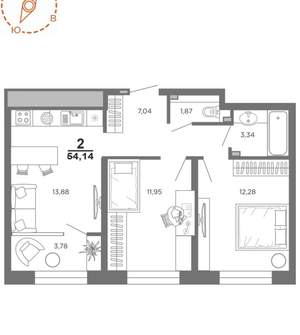 2-к квартира, вторичка, 54м2, 16/22 этаж