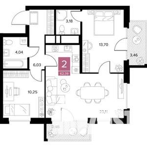 2-к квартира, строящийся дом, 62м2, 2/9 этаж