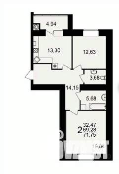 2-к квартира, вторичка, 72м2, 11/16 этаж
