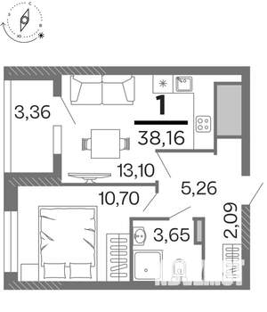 1-к квартира, строящийся дом, 38м2, 6/15 этаж
