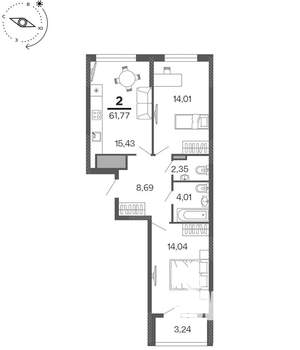 2-к квартира, строящийся дом, 62м2, 8/15 этаж