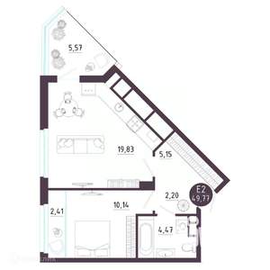 1-к квартира, вторичка, 50м2, 2/19 этаж