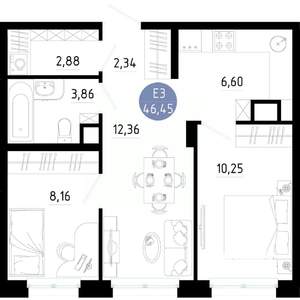 2-к квартира, вторичка, 46м2, 2/14 этаж